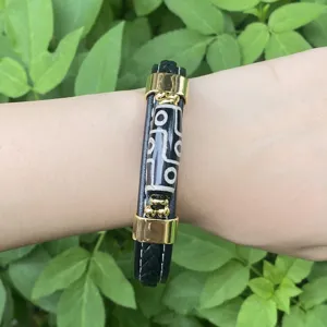Retro Men Leather Braided Bracelet Vintage Ethnic Style Totem Dzi Bead Magnetic Clasp Copper Gold Plated Hand Chain Jewelry