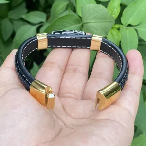 Men vintage leather braided bracelet with gold magnetic clasp and unique stone charm for daily wear