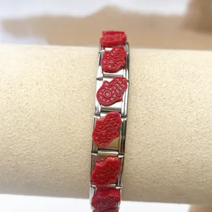 Stainless steel Italian modular charm bracelet featuring red Hamsa hand links for DIY jewelry styling.
