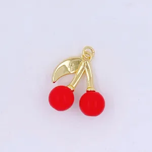 Gold cherry charm pendant with red enamel beads for DIY jewelry, earrings, and bag accessories.
