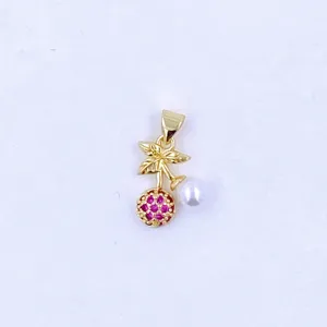 Gold cherry pendant with red cubic zirconia and pearl, delicate jewelry accessory for necklaces.
