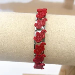 Stainless steel red bear charm bracelet detail view modular DIY jewelry close up display