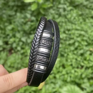 Herren schwarz mehrschichtig leder geflochtenes armband mit metall kristall tuben stil
