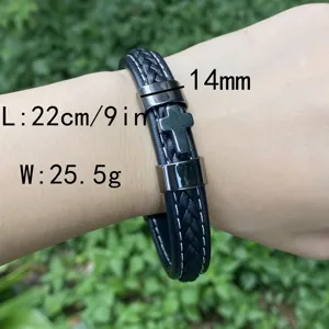 Herren schwarzes Leder geflochtenes Kreuz Armband mit Edelstahlschnalle 22cm