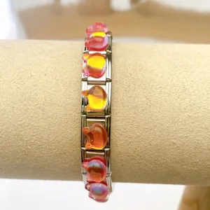 Stainless steel modular Italian charm bracelet with red translucent resin gemstone DIY links.