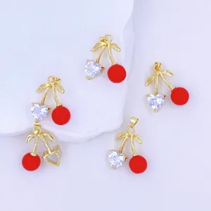 Gold cherry pendants with red beads and heart zirconia for DIY jewelry making earrings.