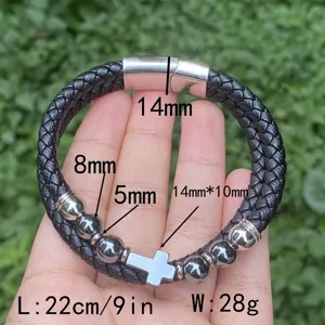 Herren Edelstahl Magnetverschluss geflochtenes Leder Kreuz Armband Schmuckzubehör Mode neu