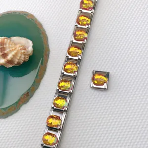 Stainless steel Italian modular charm bracelet with vibrant yellow crystal gemstone links for DIY jewelry.