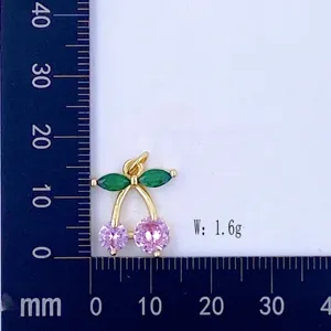 Gold-plated cherry pendant with pink and green zircon, delicate fruit charm for necklace making.