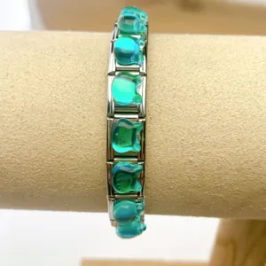 Stainless steel modular Italian charm bracelet with turquoise cat glass gemstone DIY parts.