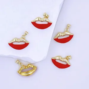 Exquisite gold-plated red enamel lip pendant charms for DIY jewelry making and keychain accessories.