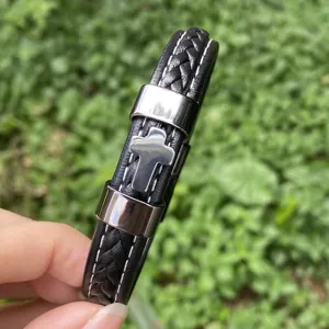 Herren Edelstahl Kreuz Lederarmband mehrschichtig geflochtenes Armband für Mode Schmuck