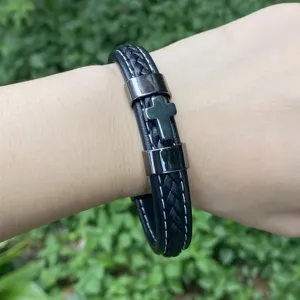 Schwarzes Lederarmband geflochten mit Kreuz und edlem Edelstahl Magnetverschluss