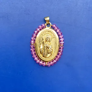 Mode pendentif rond San Judas en cuivre plaqué or avec perles acryliques roses collier