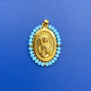 Pendentif en cuivre plaqué or tendance avec perles acryliques bleues, collier religieux.