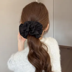 Elegante zwarte haarscrunchie voor vrouwen, grote geplooide haarelastiek paardenstaart