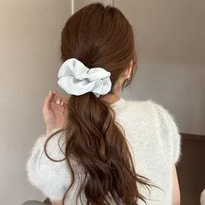 Grey satin hair scrunchie, elegant oversized elastic hair tie for women and girls daily styling.