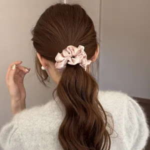Elegant pearl satin rhinestone large scrunchie ponytail hair accessory for daily styling.