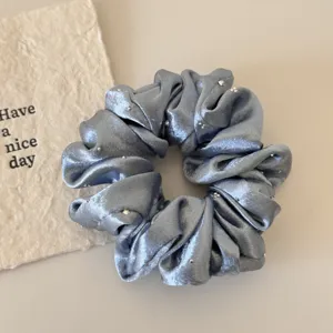Blue satin rhinestone hair scrunchie elegant shiny hair tie for women ponytail style