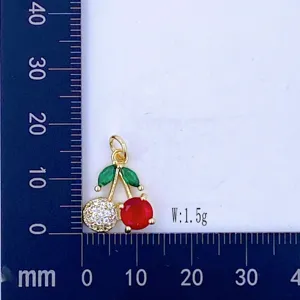 Gold micro-pave zircon cherry pendant necklace accessory, cute fruit charm design with 1.5g.