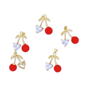 Gold cherry charms with red beads and heart-shaped zirconia for DIY jewelry making and pendants.