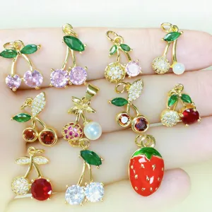 Fashion Copper Fruit Pendant Micro Inlaid Rhinestone Sweet Cherry Strawberry Hanging Charms With Artificial Pearl For DIY Necklace Jewelry Making Accessories