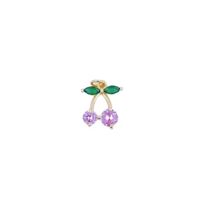 Gold-plated cherry pendant with green marquise zircon leaves and purple round zircon stones.