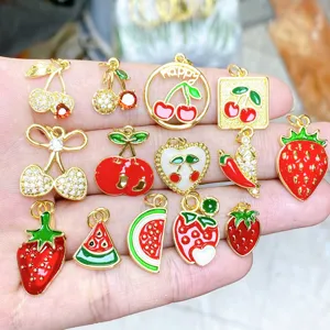Sweet Pastoral Copper Fruit Series Cherry Pendant Charm For Women Rhinestone Enamel Strawberry Watermelon Pendant Necklace Accessory Jewelry Gift