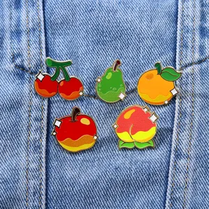 Cute fruit metal enamel brooch set featuring colorful apple, cherry, and peach pin details.