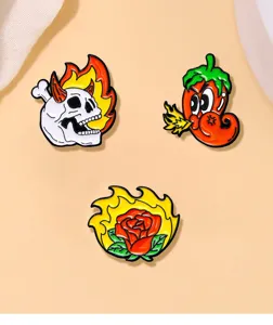 Punk style alloy enamel brooch set featuring skull, chili and flaming rose design details.