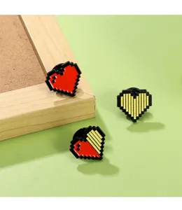 Pixel heart brooch pin cute alloy drip oil badge detail close up view for bags clothes