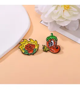 Rose and chili enamel pins set, cute cartoon flame metal brooch badges for punk clothing decor.