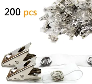 Bulk 200 pcs metal ID badge clips with clear plastic straps for name tag card holders.