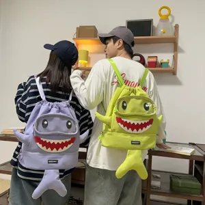 Cartoon shark backpack for men women, large capacity outdoor sports travel bag with shoe pouch.