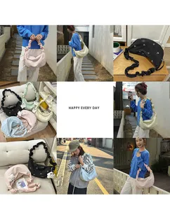 Casual canvas crossbody bag for women, large capacity ruffled strap shoulder dumpling bag.