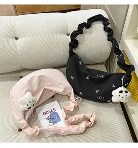Ruffled Canvas Cloud Shoulder Bag Cute Bow Embroidered Crossbody Bag with Fluffy Bear