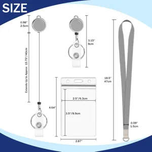 Detailed dimension diagram showing sizes and extension lengths of the retractable badge reel.