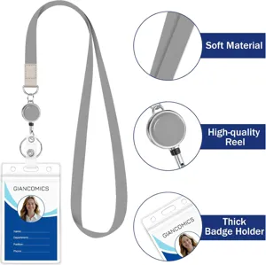 Close-up detail of soft gray lanyard fabric, durable retractable badge reel, and thick badge holder.