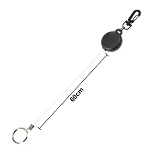 Detailed view of black retractable badge reel with 60cm pull cord, key ring and clip hook.