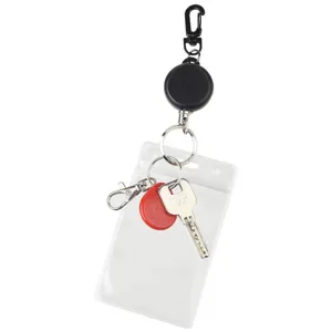 Retractable badge reel with carabiner, key ring and clear PVC ID card holder setup.