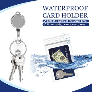 Waterproof card holder with retractable reel and clear badge protector for daily use.