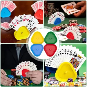 Vierkleurige driehoekige kaartouder voor lui poker, handvrije speelkaartstandaard.