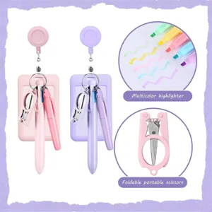 Macaron nurse badge reel ID card holder set with multi-color highlighters and foldable scissors.
