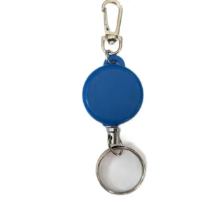 Durable blue retractable badge reel featuring a carabiner clip and key ring for daily use.