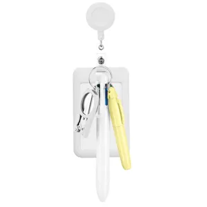 Nurse badge reel set with retractable ID card holder and multi-color pens for medical staff.