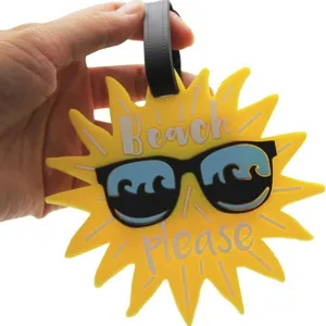 Étiquette de bagage en silicone forme soleil mignon avec lunettes pour voyage plage d'été.