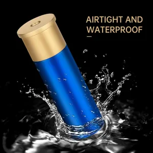 Detailed view of waterproof aluminum alloy bullet shaped pill fob container, airtight design.