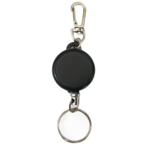 Black retractable badge reel with metal carabiner and keyring for id cards and keys secure