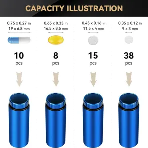 Aluminum pill container capacity illustration with dimension details and quantity guide.