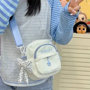 Summer Japanese style canvas crossbody bag casual cute small shoulder bag with bow.